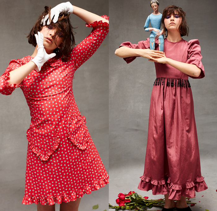 Batsheva Hay 2019 Resort Cruise Pre-Spring Womens Lookbook Presentation - Victorian Dress Flowers Floral Print Graphic Honeycomb Mix Mash Up Patterns Ornaments Decorative Art Pink Red Pearl Ball Neck Ruffle Heart Pockets Beads Fringes Silk Satin Angular Triangle Collar Capelet Poufy Shoulders Crop Top Midriff Gloves Head Scarf Flats Ballet Shoes Sandals