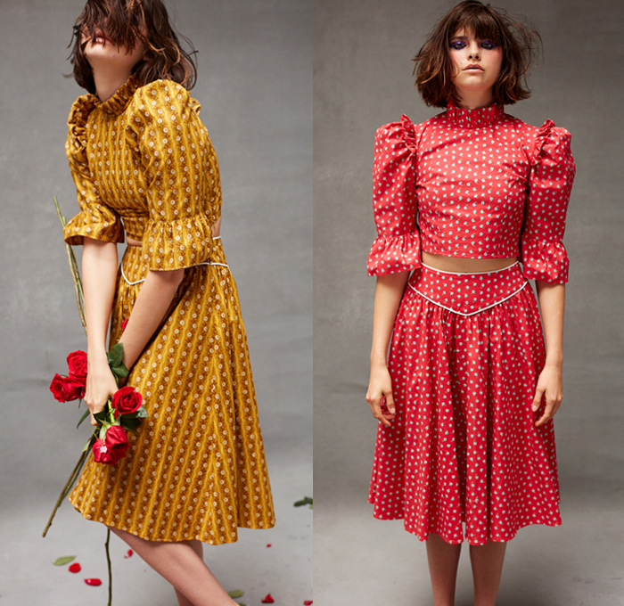 Batsheva Hay 2019 Resort Cruise Pre-Spring Womens Lookbook Presentation - Victorian Dress Flowers Floral Print Graphic Honeycomb Mix Mash Up Patterns Ornaments Decorative Art Pink Red Pearl Ball Neck Ruffle Heart Pockets Beads Fringes Silk Satin Angular Triangle Collar Capelet Poufy Shoulders Crop Top Midriff Gloves Head Scarf Flats Ballet Shoes Sandals