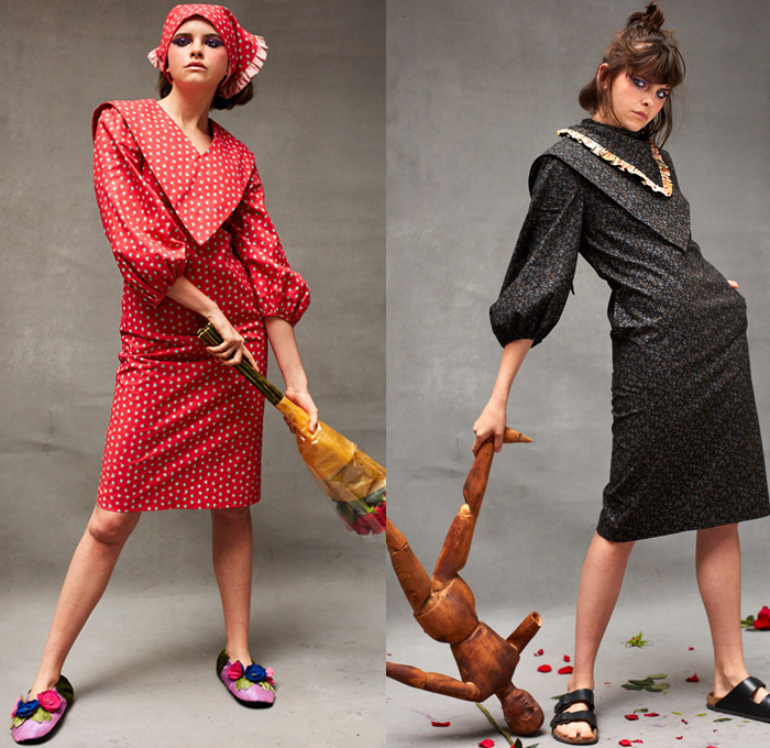 Batsheva Hay 2019 Resort Cruise Pre-Spring Womens Lookbook Presentation - Victorian Dress Flowers Floral Print Graphic Honeycomb Mix Mash Up Patterns Ornaments Decorative Art Pink Red Pearl Ball Neck Ruffle Heart Pockets Beads Fringes Silk Satin Angular Triangle Collar Capelet Poufy Shoulders Crop Top Midriff Gloves Head Scarf Flats Ballet Shoes Sandals