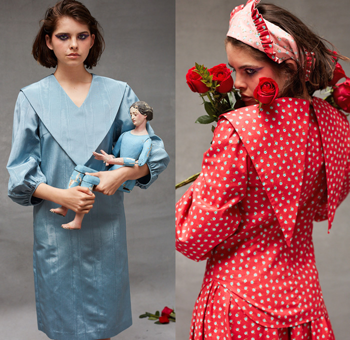 Batsheva Hay 2019 Resort Cruise Pre-Spring Womens Lookbook Presentation - Victorian Dress Flowers Floral Print Graphic Honeycomb Mix Mash Up Patterns Ornaments Decorative Art Pink Red Pearl Ball Neck Ruffle Heart Pockets Beads Fringes Silk Satin Angular Triangle Collar Capelet Poufy Shoulders Crop Top Midriff Gloves Head Scarf Flats Ballet Shoes Sandals