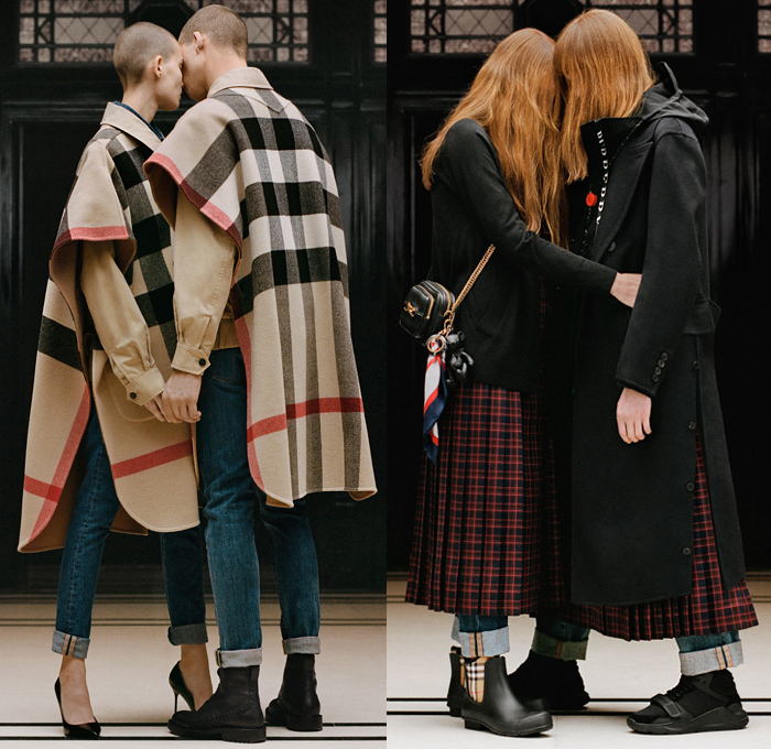 Burberry 2019 Resort Cruise Pre-Spring Womens Mens Lookbook Presentation - B Classic Curated by Riccardo Tisci - Heritage Trench Coat Cape Poncho Outerwear Hoodie Parka Plaid Tartan Check Kilt Skirt Quilted Puffer Down Jacket Padded Knit Sweater Suede Roll Up Slim Denim Jeans Wide Leg Palazzo Pants Crossbody Handbag Chain Scarf Tote Kitten Heels High Heels Loafers Trainers Brogues Sneakers Boots