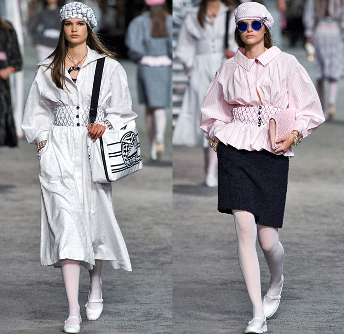 Chanel 2019 Resort Cruise Pre-Spring Womens Runway Catwalk Looks Collection Karl Lagerfeld - La Pausa Embroidery Bedazzled Sequins Studs Waistband Wide Belt Stripes Check Knit Tweed Threads Waves Mesh Weave Coat Robe Shirtdress Blouse Crop Top Midriff Sleeveless Round Shoulders Leg O'Mutton Sleeves Pantsuit Dress Miniskirt Tights Halterneck Gown Wide Leg Parisian French Beret Handbag Tote Purse Clutch Brooch Lifesaver Necklace Pearls Beads Chain Sunglasses Cuffs Bracelet Fingerless Gloves