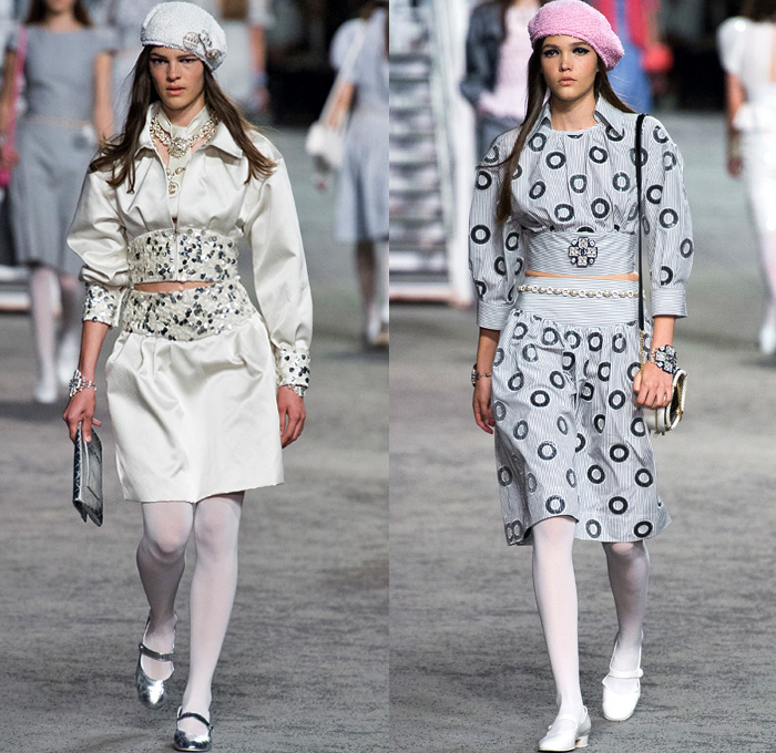 Chanel 2019 Resort Cruise Pre-Spring Womens Runway Catwalk Looks Collection Karl Lagerfeld - La Pausa Embroidery Bedazzled Sequins Studs Waistband Wide Belt Stripes Check Knit Tweed Threads Waves Mesh Weave Coat Robe Shirtdress Blouse Crop Top Midriff Sleeveless Round Shoulders Leg O'Mutton Sleeves Pantsuit Dress Miniskirt Tights Halterneck Gown Wide Leg Parisian French Beret Handbag Tote Purse Clutch Brooch Lifesaver Necklace Pearls Beads Chain Sunglasses Cuffs Bracelet Fingerless Gloves