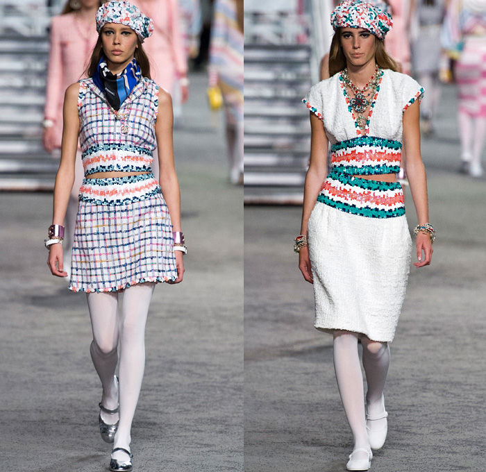 Chanel 2019 Resort Cruise Pre-Spring Womens Runway Catwalk Looks Collection Karl Lagerfeld - La Pausa Embroidery Bedazzled Sequins Studs Waistband Wide Belt Stripes Check Knit Tweed Threads Waves Mesh Weave Coat Robe Shirtdress Blouse Crop Top Midriff Sleeveless Round Shoulders Leg O'Mutton Sleeves Pantsuit Dress Miniskirt Tights Halterneck Gown Wide Leg Parisian French Beret Handbag Tote Purse Clutch Brooch Lifesaver Necklace Pearls Beads Chain Sunglasses Cuffs Bracelet Fingerless Gloves