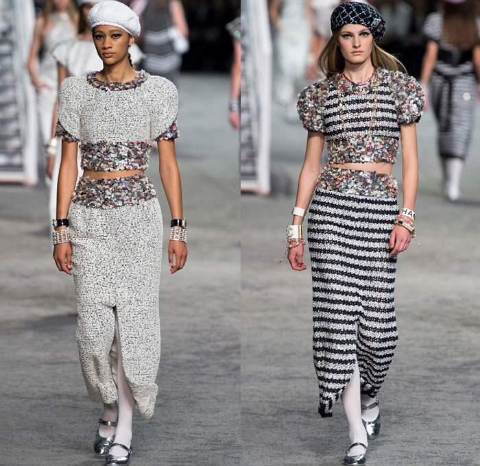 Chanel 2019 Resort Cruise Pre-Spring Womens Runway Catwalk Looks Collection Karl Lagerfeld - La Pausa Embroidery Bedazzled Sequins Studs Waistband Wide Belt Stripes Check Knit Tweed Threads Waves Mesh Weave Coat Robe Shirtdress Blouse Crop Top Midriff Sleeveless Round Shoulders Leg O'Mutton Sleeves Pantsuit Dress Miniskirt Tights Halterneck Gown Wide Leg Parisian French Beret Handbag Tote Purse Clutch Brooch Lifesaver Necklace Pearls Beads Chain Sunglasses Cuffs Bracelet Fingerless Gloves