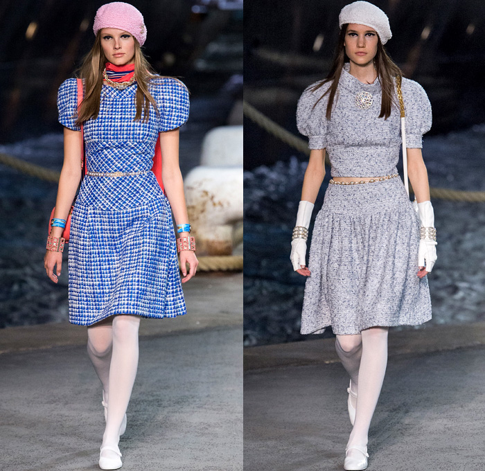 Chanel 2019 Resort Cruise Pre-Spring Womens Runway Catwalk Looks Collection Karl Lagerfeld - La Pausa Embroidery Bedazzled Sequins Studs Waistband Wide Belt Stripes Check Knit Tweed Threads Waves Mesh Weave Coat Robe Shirtdress Blouse Crop Top Midriff Sleeveless Round Shoulders Leg O'Mutton Sleeves Pantsuit Dress Miniskirt Tights Halterneck Gown Wide Leg Parisian French Beret Handbag Tote Purse Clutch Brooch Lifesaver Necklace Pearls Beads Chain Sunglasses Cuffs Bracelet Fingerless Gloves