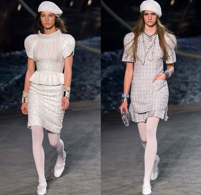 Chanel 2019 Resort Cruise Pre-Spring Womens Runway Catwalk Looks Collection Karl Lagerfeld - La Pausa Embroidery Bedazzled Sequins Studs Waistband Wide Belt Stripes Check Knit Tweed Threads Waves Mesh Weave Coat Robe Shirtdress Blouse Crop Top Midriff Sleeveless Round Shoulders Leg O'Mutton Sleeves Pantsuit Dress Miniskirt Tights Halterneck Gown Wide Leg Parisian French Beret Handbag Tote Purse Clutch Brooch Lifesaver Necklace Pearls Beads Chain Sunglasses Cuffs Bracelet Fingerless Gloves