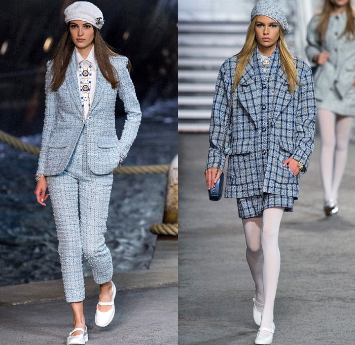 Chanel 2019 Resort Cruise Pre-Spring Womens Runway Catwalk Looks Collection Karl Lagerfeld - La Pausa Embroidery Bedazzled Sequins Studs Waistband Wide Belt Stripes Check Knit Tweed Threads Waves Mesh Weave Coat Robe Shirtdress Blouse Crop Top Midriff Sleeveless Round Shoulders Leg O'Mutton Sleeves Pantsuit Dress Miniskirt Tights Halterneck Gown Wide Leg Parisian French Beret Handbag Tote Purse Clutch Brooch Lifesaver Necklace Pearls Beads Chain Sunglasses Cuffs Bracelet Fingerless Gloves