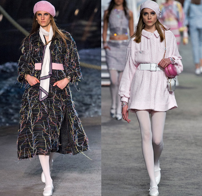 Chanel 2019 Resort Cruise Pre-Spring Womens Runway Catwalk Looks Collection Karl Lagerfeld - La Pausa Embroidery Bedazzled Sequins Studs Waistband Wide Belt Stripes Check Knit Tweed Threads Waves Mesh Weave Coat Robe Shirtdress Blouse Crop Top Midriff Sleeveless Round Shoulders Leg O'Mutton Sleeves Pantsuit Dress Miniskirt Tights Halterneck Gown Wide Leg Parisian French Beret Handbag Tote Purse Clutch Brooch Lifesaver Necklace Pearls Beads Chain Sunglasses Cuffs Bracelet Fingerless Gloves