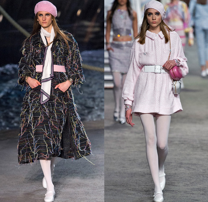 Chanel 2019 Resort Cruise Pre-Spring Womens Runway Catwalk Looks Collection Karl Lagerfeld - La Pausa Embroidery Bedazzled Sequins Studs Waistband Wide Belt Stripes Check Knit Tweed Threads Waves Mesh Weave Coat Robe Shirtdress Blouse Crop Top Midriff Sleeveless Round Shoulders Leg O'Mutton Sleeves Pantsuit Dress Miniskirt Tights Halterneck Gown Wide Leg Parisian French Beret Handbag Tote Purse Clutch Brooch Lifesaver Necklace Pearls Beads Chain Sunglasses Cuffs Bracelet Fingerless Gloves