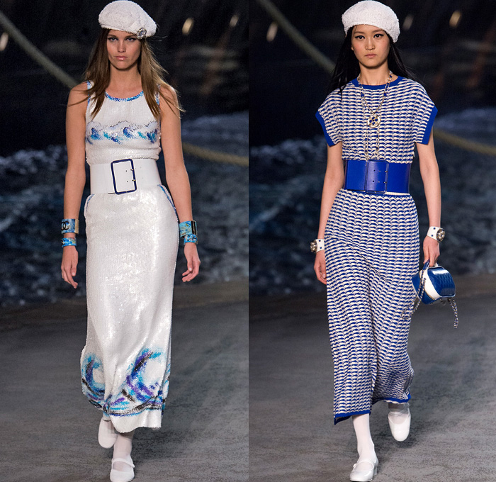 Chanel 2019 Resort Cruise Pre-Spring Womens Runway Catwalk Looks Collection Karl Lagerfeld - La Pausa Embroidery Bedazzled Sequins Studs Waistband Wide Belt Stripes Check Knit Tweed Threads Waves Mesh Weave Coat Robe Shirtdress Blouse Crop Top Midriff Sleeveless Round Shoulders Leg O'Mutton Sleeves Pantsuit Dress Miniskirt Tights Halterneck Gown Wide Leg Parisian French Beret Handbag Tote Purse Clutch Brooch Lifesaver Necklace Pearls Beads Chain Sunglasses Cuffs Bracelet Fingerless Gloves