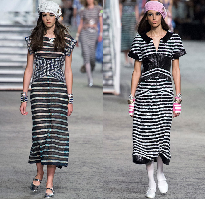 Chanel 2019 Resort Cruise Pre-Spring Womens Runway Catwalk Looks Collection Karl Lagerfeld - La Pausa Embroidery Bedazzled Sequins Studs Waistband Wide Belt Stripes Check Knit Tweed Threads Waves Mesh Weave Coat Robe Shirtdress Blouse Crop Top Midriff Sleeveless Round Shoulders Leg O'Mutton Sleeves Pantsuit Dress Miniskirt Tights Halterneck Gown Wide Leg Parisian French Beret Handbag Tote Purse Clutch Brooch Lifesaver Necklace Pearls Beads Chain Sunglasses Cuffs Bracelet Fingerless Gloves