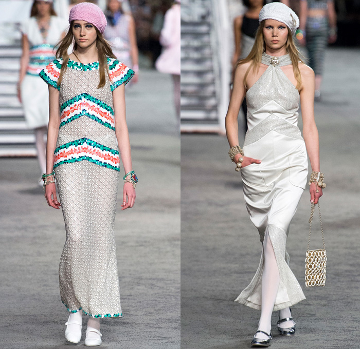 Chanel 2019 Resort Cruise Pre-Spring Womens Runway Catwalk Looks Collection Karl Lagerfeld - La Pausa Embroidery Bedazzled Sequins Studs Waistband Wide Belt Stripes Check Knit Tweed Threads Waves Mesh Weave Coat Robe Shirtdress Blouse Crop Top Midriff Sleeveless Round Shoulders Leg O'Mutton Sleeves Pantsuit Dress Miniskirt Tights Halterneck Gown Wide Leg Parisian French Beret Handbag Tote Purse Clutch Brooch Lifesaver Necklace Pearls Beads Chain Sunglasses Cuffs Bracelet Fingerless Gloves