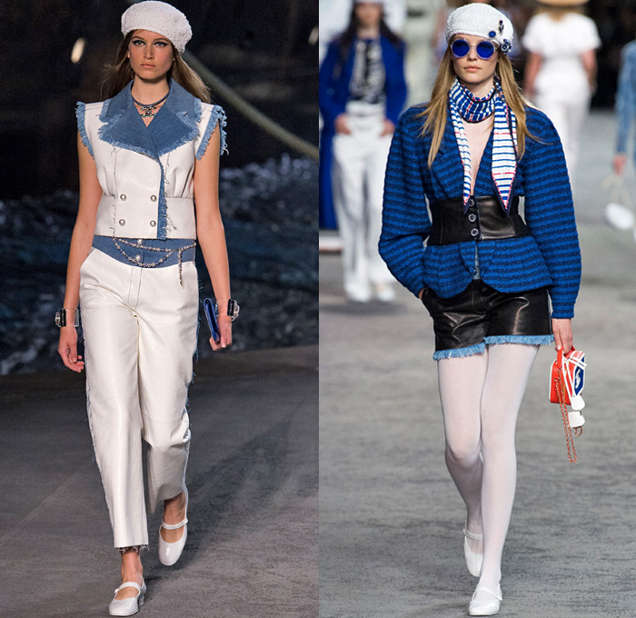 Chanel 2019 Resort Cruise Pre-Spring Womens Runway Catwalk Looks Collection Karl Lagerfeld - La Pausa Knit Tweed Stripes Sheer Chiffon Tulle Embroidery Bedazzled Sequins Crystals Plastic Feathers Lifesaver Rope Jagged Teeth Neck Ruffles Ship Compass Print Wrap Around Cropped Jacket Sweatshirt Noodle Strap Denim Jeans Threads Frayed Destroyed Vest Tights Wide Band Cargo Pockets Tiered Miniskirt Wide Leg Dress Beret Fingerless Gloves Beads Pearls Purse Handbag Sunglasses Brooch Wide Belt Scarf