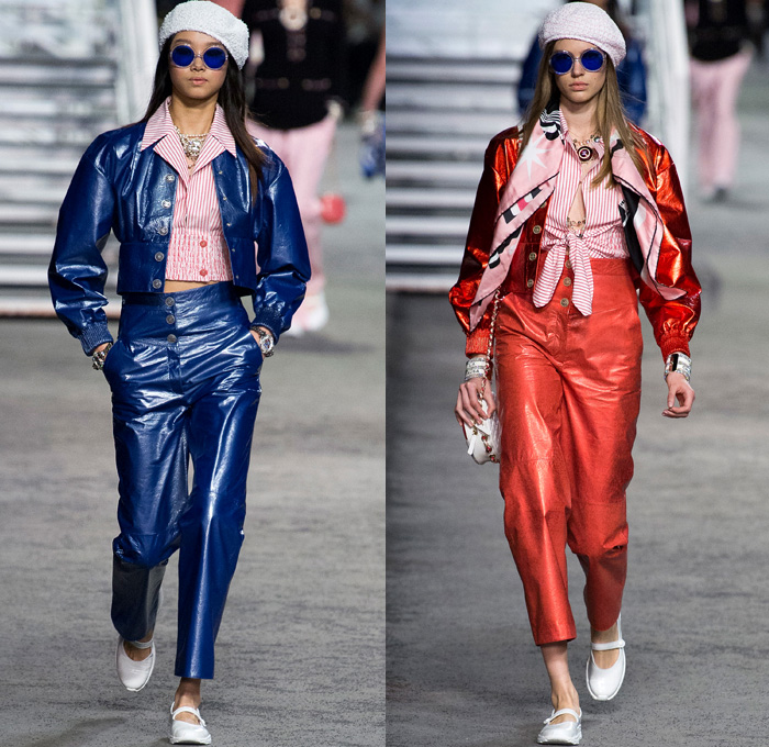 Chanel 2019 Resort Cruise Pre-Spring Womens Runway Catwalk Looks Collection Karl Lagerfeld - La Pausa Knit Tweed Stripes Sheer Chiffon Tulle Embroidery Bedazzled Sequins Crystals Plastic Feathers Lifesaver Rope Jagged Teeth Neck Ruffles Ship Compass Print Wrap Around Cropped Jacket Sweatshirt Noodle Strap Denim Jeans Threads Frayed Destroyed Vest Tights Wide Band Cargo Pockets Tiered Miniskirt Wide Leg Dress Beret Fingerless Gloves Beads Pearls Purse Handbag Sunglasses Brooch Wide Belt Scarf