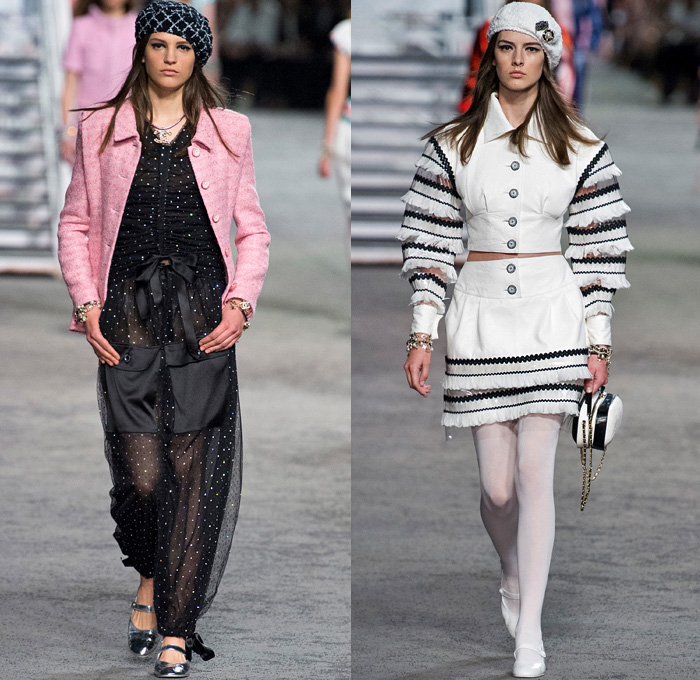 Chanel 2019 Resort Cruise Pre-Spring Womens Runway Catwalk Looks Collection Karl Lagerfeld - La Pausa Knit Tweed Stripes Sheer Chiffon Tulle Embroidery Bedazzled Sequins Crystals Plastic Feathers Lifesaver Rope Jagged Teeth Neck Ruffles Ship Compass Print Wrap Around Cropped Jacket Sweatshirt Noodle Strap Denim Jeans Threads Frayed Destroyed Vest Tights Wide Band Cargo Pockets Tiered Miniskirt Wide Leg Dress Beret Fingerless Gloves Beads Pearls Purse Handbag Sunglasses Brooch Wide Belt Scarf