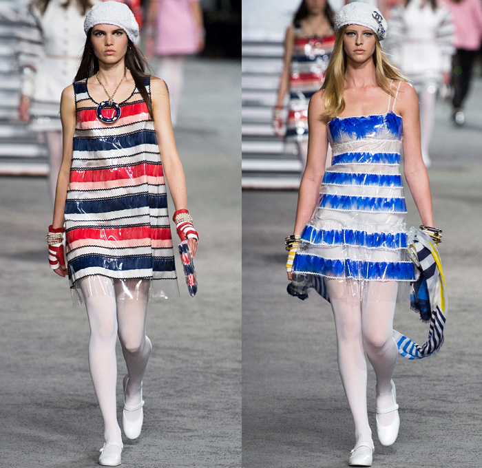 Chanel 2019 Resort Cruise Pre-Spring Womens Runway Catwalk Looks Collection Karl Lagerfeld - La Pausa Knit Tweed Stripes Sheer Chiffon Tulle Embroidery Bedazzled Sequins Crystals Plastic Feathers Lifesaver Rope Jagged Teeth Neck Ruffles Ship Compass Print Wrap Around Cropped Jacket Sweatshirt Noodle Strap Denim Jeans Threads Frayed Destroyed Vest Tights Wide Band Cargo Pockets Tiered Miniskirt Wide Leg Dress Beret Fingerless Gloves Beads Pearls Purse Handbag Sunglasses Brooch Wide Belt Scarf