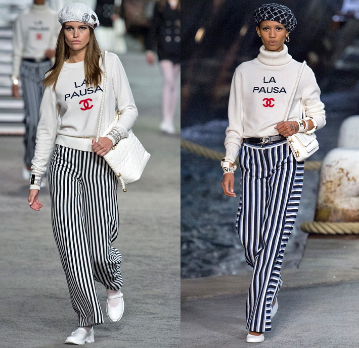 Chanel 2019 Resort Cruise Pre-Spring Womens Runway Catwalk Looks Collection Karl Lagerfeld - La Pausa Knit Tweed Stripes Sheer Chiffon Tulle Embroidery Bedazzled Sequins Crystals Plastic Feathers Lifesaver Rope Jagged Teeth Neck Ruffles Ship Compass Print Wrap Around Cropped Jacket Sweatshirt Noodle Strap Denim Jeans Threads Frayed Destroyed Vest Tights Wide Band Cargo Pockets Tiered Miniskirt Wide Leg Dress Beret Fingerless Gloves Beads Pearls Purse Handbag Sunglasses Brooch Wide Belt Scarf