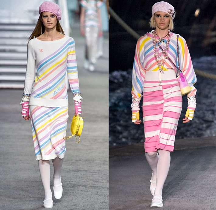 Chanel 2019 Resort Cruise Pre-Spring Womens Runway Catwalk Looks Collection Karl Lagerfeld - La Pausa Knit Tweed Stripes Sheer Chiffon Tulle Embroidery Bedazzled Sequins Crystals Plastic Feathers Lifesaver Rope Jagged Teeth Neck Ruffles Ship Compass Print Wrap Around Cropped Jacket Sweatshirt Noodle Strap Denim Jeans Threads Frayed Destroyed Vest Tights Wide Band Cargo Pockets Tiered Miniskirt Wide Leg Dress Beret Fingerless Gloves Beads Pearls Purse Handbag Sunglasses Brooch Wide Belt Scarf