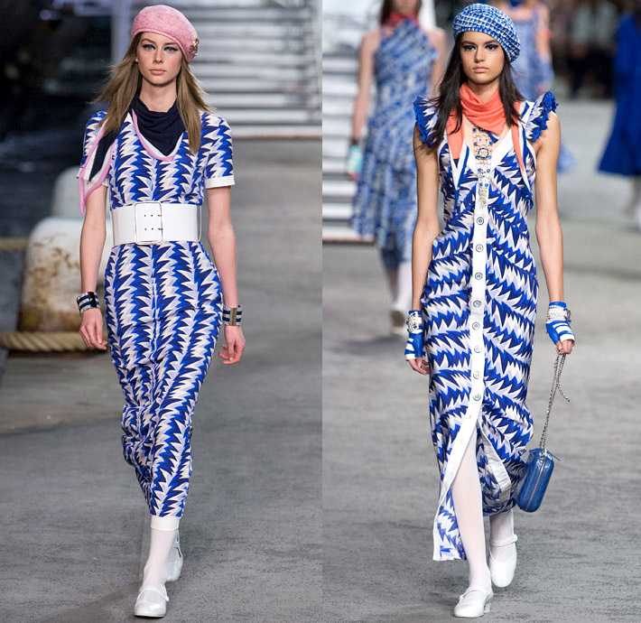 Chanel 2019 Resort Cruise Pre-Spring Womens Runway Catwalk Looks Collection Karl Lagerfeld - La Pausa Knit Tweed Stripes Sheer Chiffon Tulle Embroidery Bedazzled Sequins Crystals Plastic Feathers Lifesaver Rope Jagged Teeth Neck Ruffles Ship Compass Print Wrap Around Cropped Jacket Sweatshirt Noodle Strap Denim Jeans Threads Frayed Destroyed Vest Tights Wide Band Cargo Pockets Tiered Miniskirt Wide Leg Dress Beret Fingerless Gloves Beads Pearls Purse Handbag Sunglasses Brooch Wide Belt Scarf