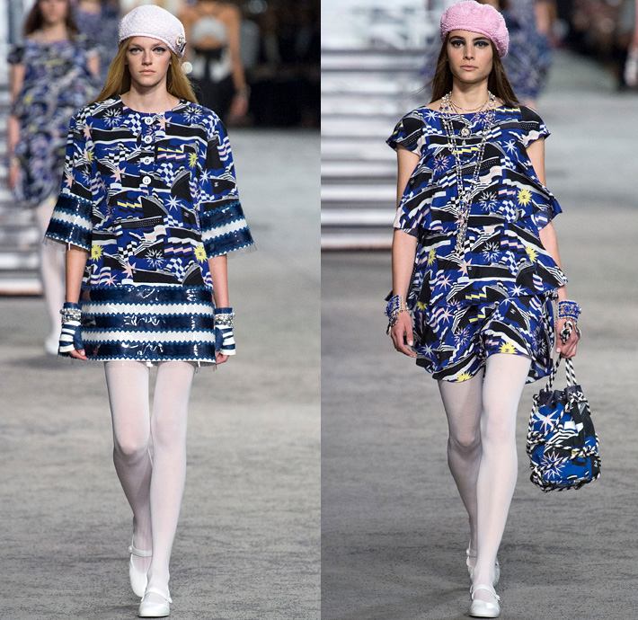 Chanel 2019 Resort Cruise Pre-Spring Womens Runway Catwalk Looks Collection Karl Lagerfeld - La Pausa Knit Tweed Stripes Sheer Chiffon Tulle Embroidery Bedazzled Sequins Crystals Plastic Feathers Lifesaver Rope Jagged Teeth Neck Ruffles Ship Compass Print Wrap Around Cropped Jacket Sweatshirt Noodle Strap Denim Jeans Threads Frayed Destroyed Vest Tights Wide Band Cargo Pockets Tiered Miniskirt Wide Leg Dress Beret Fingerless Gloves Beads Pearls Purse Handbag Sunglasses Brooch Wide Belt Scarf