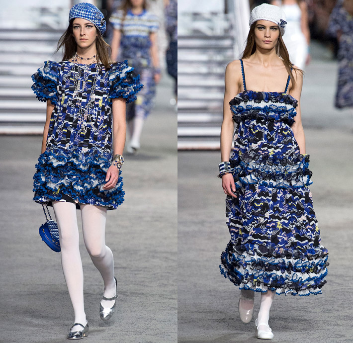 Chanel 2019 Resort Cruise Pre-Spring Womens Runway Catwalk Looks Collection Karl Lagerfeld - La Pausa Knit Tweed Stripes Sheer Chiffon Tulle Embroidery Bedazzled Sequins Crystals Plastic Feathers Lifesaver Rope Jagged Teeth Neck Ruffles Ship Compass Print Wrap Around Cropped Jacket Sweatshirt Noodle Strap Denim Jeans Threads Frayed Destroyed Vest Tights Wide Band Cargo Pockets Tiered Miniskirt Wide Leg Dress Beret Fingerless Gloves Beads Pearls Purse Handbag Sunglasses Brooch Wide Belt Scarf