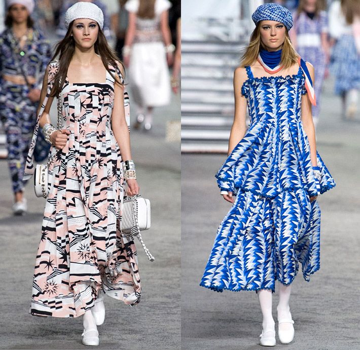 Chanel 2019 Resort Cruise Pre-Spring Womens Runway Catwalk Looks Collection Karl Lagerfeld - La Pausa Knit Tweed Stripes Sheer Chiffon Tulle Embroidery Bedazzled Sequins Crystals Plastic Feathers Lifesaver Rope Jagged Teeth Neck Ruffles Ship Compass Print Wrap Around Cropped Jacket Sweatshirt Noodle Strap Denim Jeans Threads Frayed Destroyed Vest Tights Wide Band Cargo Pockets Tiered Miniskirt Wide Leg Dress Beret Fingerless Gloves Beads Pearls Purse Handbag Sunglasses Brooch Wide Belt Scarf