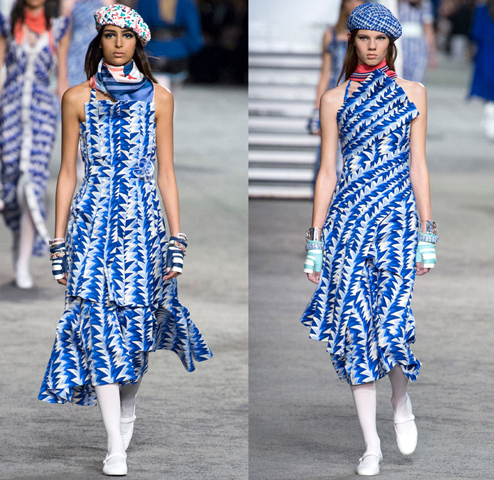 Chanel 2019 Resort Cruise Pre-Spring Womens Runway Catwalk Looks Collection Karl Lagerfeld - La Pausa Knit Tweed Stripes Sheer Chiffon Tulle Embroidery Bedazzled Sequins Crystals Plastic Feathers Lifesaver Rope Jagged Teeth Neck Ruffles Ship Compass Print Wrap Around Cropped Jacket Sweatshirt Noodle Strap Denim Jeans Threads Frayed Destroyed Vest Tights Wide Band Cargo Pockets Tiered Miniskirt Wide Leg Dress Beret Fingerless Gloves Beads Pearls Purse Handbag Sunglasses Brooch Wide Belt Scarf