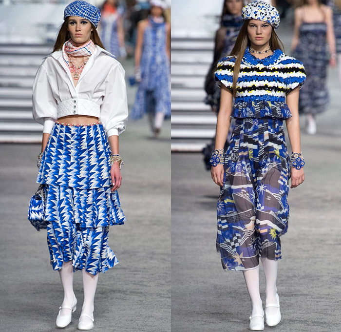 Chanel 2019 Resort Cruise Pre-Spring Womens Runway Catwalk Looks Collection Karl Lagerfeld - La Pausa Knit Tweed Stripes Sheer Chiffon Tulle Embroidery Bedazzled Sequins Crystals Plastic Feathers Lifesaver Rope Jagged Teeth Neck Ruffles Ship Compass Print Wrap Around Cropped Jacket Sweatshirt Noodle Strap Denim Jeans Threads Frayed Destroyed Vest Tights Wide Band Cargo Pockets Tiered Miniskirt Wide Leg Dress Beret Fingerless Gloves Beads Pearls Purse Handbag Sunglasses Brooch Wide Belt Scarf