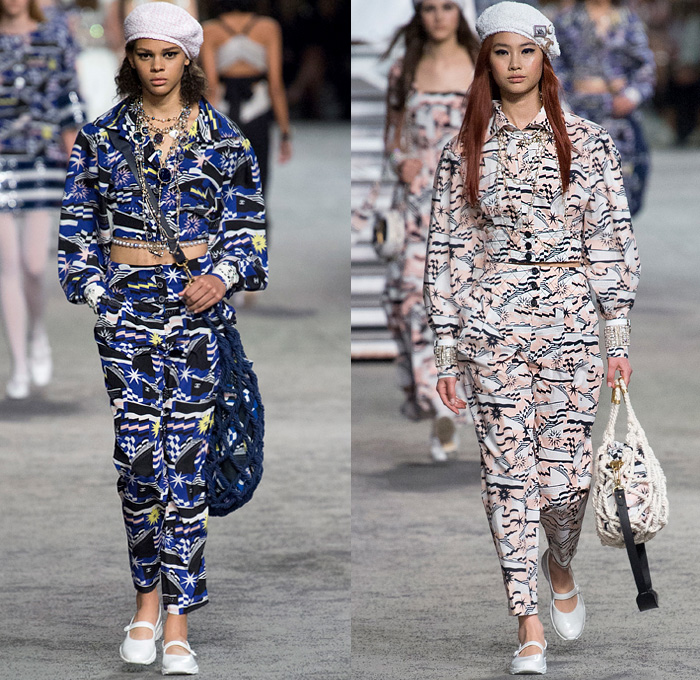 Chanel 2019 Resort Cruise Pre-Spring Womens Runway Catwalk Looks Collection Karl Lagerfeld - La Pausa Knit Tweed Stripes Sheer Chiffon Tulle Embroidery Bedazzled Sequins Crystals Plastic Feathers Lifesaver Rope Jagged Teeth Neck Ruffles Ship Compass Print Wrap Around Cropped Jacket Sweatshirt Noodle Strap Denim Jeans Threads Frayed Destroyed Vest Tights Wide Band Cargo Pockets Tiered Miniskirt Wide Leg Dress Beret Fingerless Gloves Beads Pearls Purse Handbag Sunglasses Brooch Wide Belt Scarf