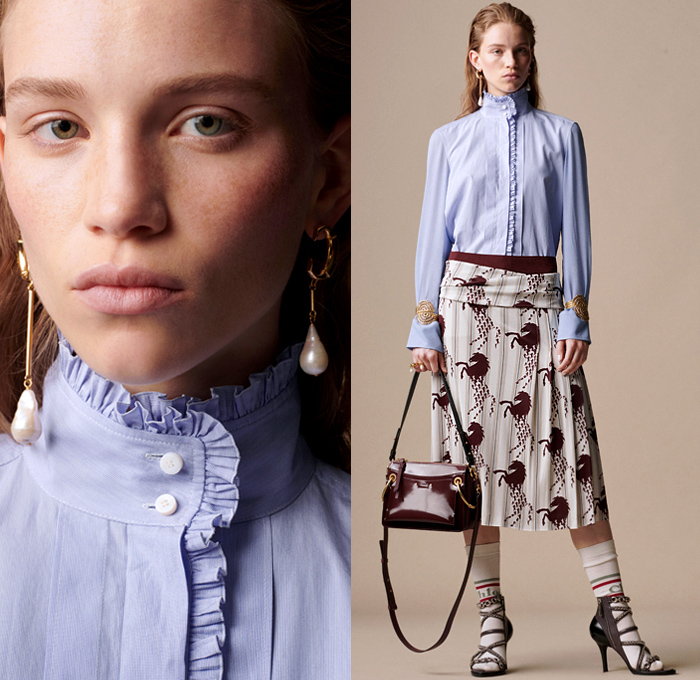 Chloé 2019 Resort Cruise Pre-Spring Womens Lookbook Presentation - Horses Steed Stallion Flowers Floral Bedazzled Sequins Silk Satin Lace Sheer Chiffon Polka Dots Fringes Pleats Blazer Grandad Banded Collar Ruffles Long Sleeve Blouse Cutout Shoulders Knit Sweater Halterneck Cargo Pockets Shirtdress Caftan Noodle Strap Pencil Skirt Flare Contrast Stitching Slit Hem Pants Dress Mullet High-Low Hem Leather Handbag Scarf Cuffs Socks Chain Pumps Heels Crocodile Equestrian Riding Boots