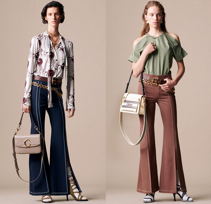 Chloé 2019 Resort Cruise Pre-Spring Womens Lookbook Presentation - Horses Steed Stallion Flowers Floral Bedazzled Sequins Silk Satin Lace Sheer Chiffon Polka Dots Fringes Pleats Blazer Grandad Banded Collar Ruffles Long Sleeve Blouse Cutout Shoulders Knit Sweater Halterneck Cargo Pockets Shirtdress Caftan Noodle Strap Pencil Skirt Flare Contrast Stitching Slit Hem Pants Dress Mullet High-Low Hem Leather Handbag Scarf Cuffs Socks Chain Pumps Heels Crocodile Equestrian Riding Boots