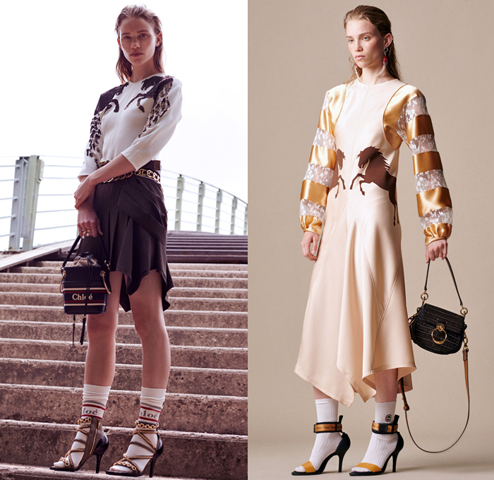 Chloé 2019 Resort Cruise Pre-Spring Womens Lookbook Presentation - Horses Steed Stallion Flowers Floral Bedazzled Sequins Silk Satin Lace Sheer Chiffon Polka Dots Fringes Pleats Blazer Grandad Banded Collar Ruffles Long Sleeve Blouse Cutout Shoulders Knit Sweater Halterneck Cargo Pockets Shirtdress Caftan Noodle Strap Pencil Skirt Flare Contrast Stitching Slit Hem Pants Dress Mullet High-Low Hem Leather Handbag Scarf Cuffs Socks Chain Pumps Heels Crocodile Equestrian Riding Boots