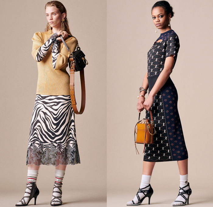 Chloé 2019 Resort Cruise Pre-Spring Womens Lookbook Presentation - Horses Steed Stallion Flowers Floral Bedazzled Sequins Silk Satin Lace Sheer Chiffon Polka Dots Fringes Pleats Blazer Grandad Banded Collar Ruffles Long Sleeve Blouse Cutout Shoulders Knit Sweater Halterneck Cargo Pockets Shirtdress Caftan Noodle Strap Pencil Skirt Flare Contrast Stitching Slit Hem Pants Dress Mullet High-Low Hem Leather Handbag Scarf Cuffs Socks Chain Pumps Heels Crocodile Equestrian Riding Boots