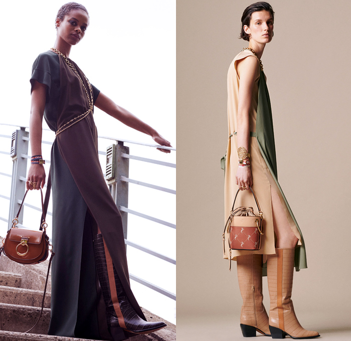 Chloé 2019 Resort Cruise Pre-Spring Womens Lookbook Presentation - Horses Steed Stallion Flowers Floral Bedazzled Sequins Silk Satin Lace Sheer Chiffon Polka Dots Fringes Pleats Blazer Grandad Banded Collar Ruffles Long Sleeve Blouse Cutout Shoulders Knit Sweater Halterneck Cargo Pockets Shirtdress Caftan Noodle Strap Pencil Skirt Flare Contrast Stitching Slit Hem Pants Dress Mullet High-Low Hem Leather Handbag Scarf Cuffs Socks Chain Pumps Heels Crocodile Equestrian Riding Boots