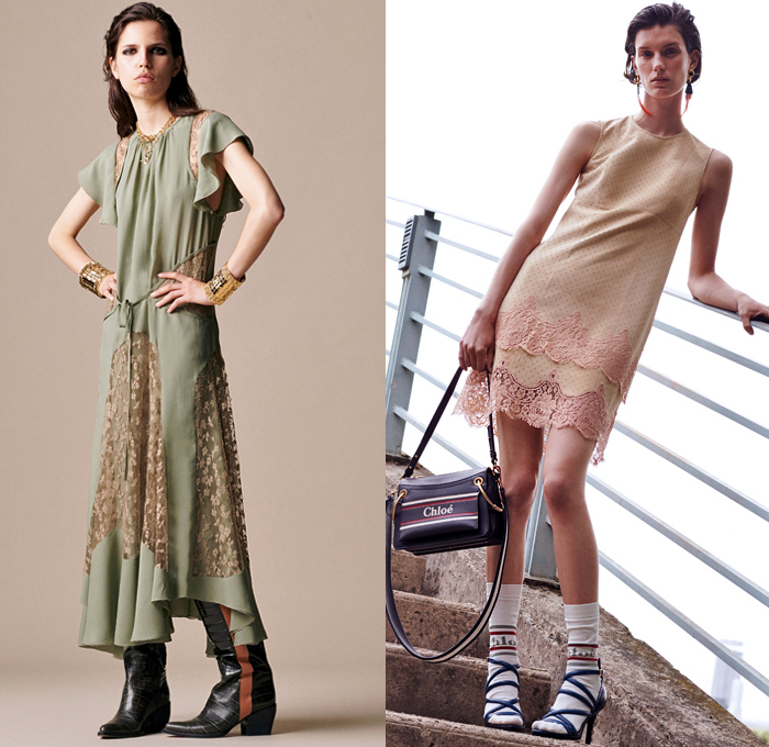 Chloé 2019 Resort Cruise Pre-Spring Womens Lookbook Presentation - Horses Steed Stallion Flowers Floral Bedazzled Sequins Silk Satin Lace Sheer Chiffon Polka Dots Fringes Pleats Blazer Grandad Banded Collar Ruffles Long Sleeve Blouse Cutout Shoulders Knit Sweater Halterneck Cargo Pockets Shirtdress Caftan Noodle Strap Pencil Skirt Flare Contrast Stitching Slit Hem Pants Dress Mullet High-Low Hem Leather Handbag Scarf Cuffs Socks Chain Pumps Heels Crocodile Equestrian Riding Boots