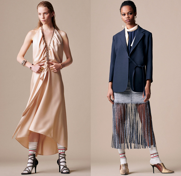 Chloé 2019 Resort Cruise Pre-Spring Womens Lookbook Presentation - Horses Steed Stallion Flowers Floral Bedazzled Sequins Silk Satin Lace Sheer Chiffon Polka Dots Fringes Pleats Blazer Grandad Banded Collar Ruffles Long Sleeve Blouse Cutout Shoulders Knit Sweater Halterneck Cargo Pockets Shirtdress Caftan Noodle Strap Pencil Skirt Flare Contrast Stitching Slit Hem Pants Dress Mullet High-Low Hem Leather Handbag Scarf Cuffs Socks Chain Pumps Heels Crocodile Equestrian Riding Boots