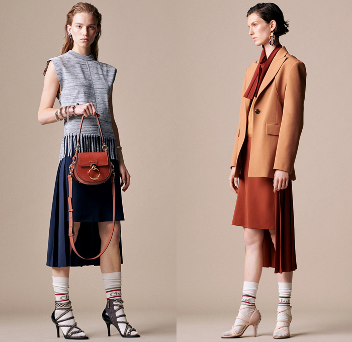 Chloé 2019 Resort Cruise Pre-Spring Womens Lookbook Presentation - Horses Steed Stallion Flowers Floral Bedazzled Sequins Silk Satin Lace Sheer Chiffon Polka Dots Fringes Pleats Blazer Grandad Banded Collar Ruffles Long Sleeve Blouse Cutout Shoulders Knit Sweater Halterneck Cargo Pockets Shirtdress Caftan Noodle Strap Pencil Skirt Flare Contrast Stitching Slit Hem Pants Dress Mullet High-Low Hem Leather Handbag Scarf Cuffs Socks Chain Pumps Heels Crocodile Equestrian Riding Boots