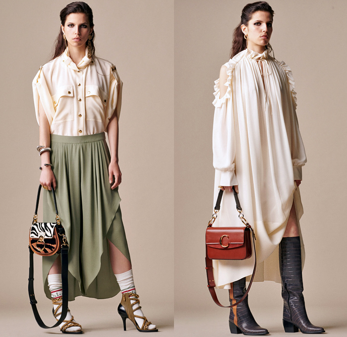 Chloé 2019 Resort Cruise Pre-Spring Womens Lookbook Presentation - Horses Steed Stallion Flowers Floral Bedazzled Sequins Silk Satin Lace Sheer Chiffon Polka Dots Fringes Pleats Blazer Grandad Banded Collar Ruffles Long Sleeve Blouse Cutout Shoulders Knit Sweater Halterneck Cargo Pockets Shirtdress Caftan Noodle Strap Pencil Skirt Flare Contrast Stitching Slit Hem Pants Dress Mullet High-Low Hem Leather Handbag Scarf Cuffs Socks Chain Pumps Heels Crocodile Equestrian Riding Boots