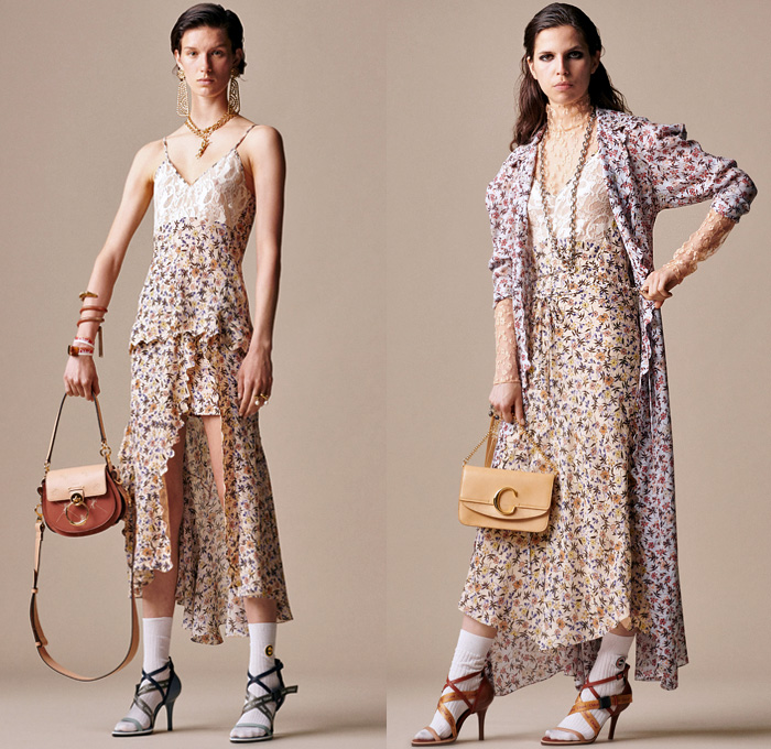 Chloé 2019 Resort Cruise Pre-Spring Womens Lookbook Presentation - Horses Steed Stallion Flowers Floral Bedazzled Sequins Silk Satin Lace Sheer Chiffon Polka Dots Fringes Pleats Blazer Grandad Banded Collar Ruffles Long Sleeve Blouse Cutout Shoulders Knit Sweater Halterneck Cargo Pockets Shirtdress Caftan Noodle Strap Pencil Skirt Flare Contrast Stitching Slit Hem Pants Dress Mullet High-Low Hem Leather Handbag Scarf Cuffs Socks Chain Pumps Heels Crocodile Equestrian Riding Boots