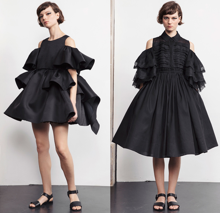 Dice Kayek 2019 Resort Cruise Pre-Spring Womens Lookbook Presentation - Victorian Ladybug Polka Dots Silk Gazar Mikado Triple Organza Voile Ruffles Lace Embroidery Needlework Sheer Chiffon Tulle Picnic Check Plaid Satin Black White Noodle Strap Poufy Cutout Shoulders Leg O'Mutton Sleeves Empire Waist Poodle Circular Skirt Balloon Dress Tiered Volume Asymmetrical Hem Blouse Butterfly Hem Pantsuit Wide Leg Pants Pussycat Bow Necktie Shorts Sandals