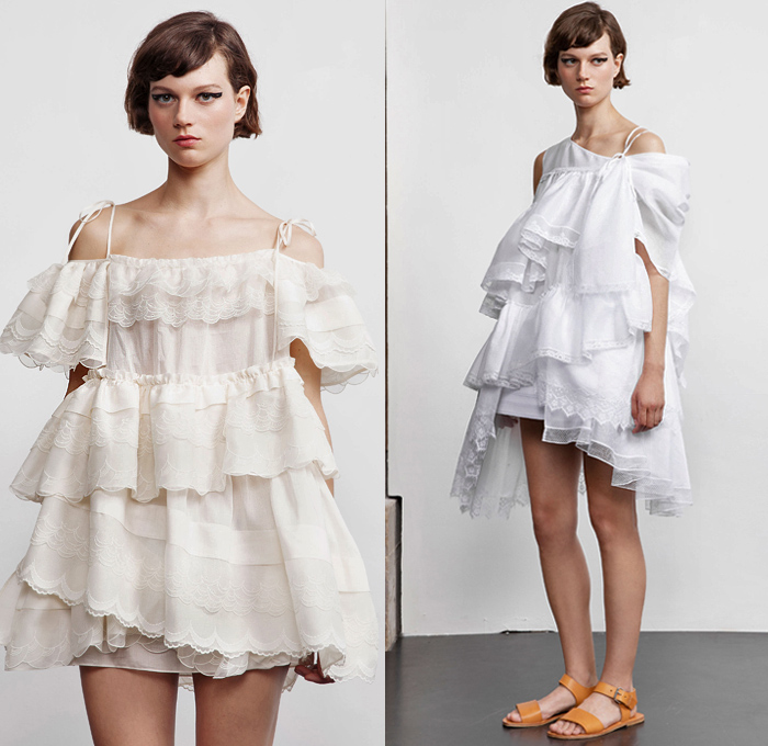 Dice Kayek 2019 Resort Cruise Pre-Spring Womens Lookbook Presentation - Victorian Ladybug Polka Dots Silk Gazar Mikado Triple Organza Voile Ruffles Lace Embroidery Needlework Sheer Chiffon Tulle Picnic Check Plaid Satin Black White Noodle Strap Poufy Cutout Shoulders Leg O'Mutton Sleeves Empire Waist Poodle Circular Skirt Balloon Dress Tiered Volume Asymmetrical Hem Blouse Butterfly Hem Pantsuit Wide Leg Pants Pussycat Bow Necktie Shorts Sandals