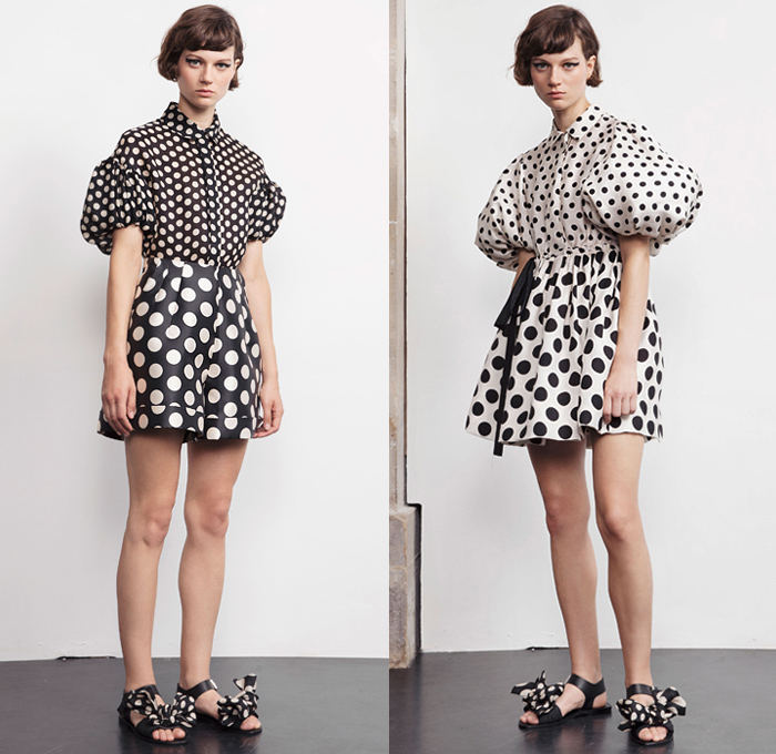 Dice Kayek 2019 Resort Cruise Pre-Spring Womens Lookbook Presentation - Victorian Ladybug Polka Dots Silk Gazar Mikado Triple Organza Voile Ruffles Lace Embroidery Needlework Sheer Chiffon Tulle Picnic Check Plaid Satin Black White Noodle Strap Poufy Cutout Shoulders Leg O'Mutton Sleeves Empire Waist Poodle Circular Skirt Balloon Dress Tiered Volume Asymmetrical Hem Blouse Butterfly Hem Pantsuit Wide Leg Pants Pussycat Bow Necktie Shorts Sandals