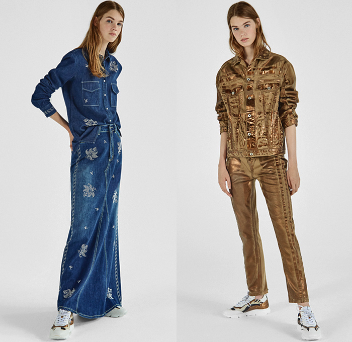 Dondup 2019 Resort Cruise Pre-Spring Womens Lookbook Presentation - Denim Jeans Gold Metallic Foil Paint Bootcut 1980s Acid Wash Colored Lace Cutwork Bedazzled Sequins Ruffles Zebra Knit Crochet Mesh Fern Leaves Marble Cracks Fringes Plaid Check Knot Cinch Pleats Paisley Parka Trench Coat Safari Biker Jacket Sweatshirt Sweater Tunic Shirt Vest Pantsuit Shirtdress Prairie Dress Skirt Leggings Jogger Sweatpants Athleisure Trackwear Swim Gown Mullet Trainers Desert Boots Studs Bucket Hat Scarf