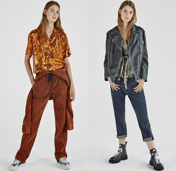 Dondup 2019 Resort Cruise Pre-Spring Womens Lookbook Presentation - Denim Jeans Gold Metallic Foil Paint Bootcut 1980s Acid Wash Colored Lace Cutwork Bedazzled Sequins Ruffles Zebra Knit Crochet Mesh Fern Leaves Marble Cracks Fringes Plaid Check Knot Cinch Pleats Paisley Parka Trench Coat Safari Biker Jacket Sweatshirt Sweater Tunic Shirt Vest Pantsuit Shirtdress Prairie Dress Skirt Leggings Jogger Sweatpants Athleisure Trackwear Swim Gown Mullet Trainers Desert Boots Studs Bucket Hat Scarf