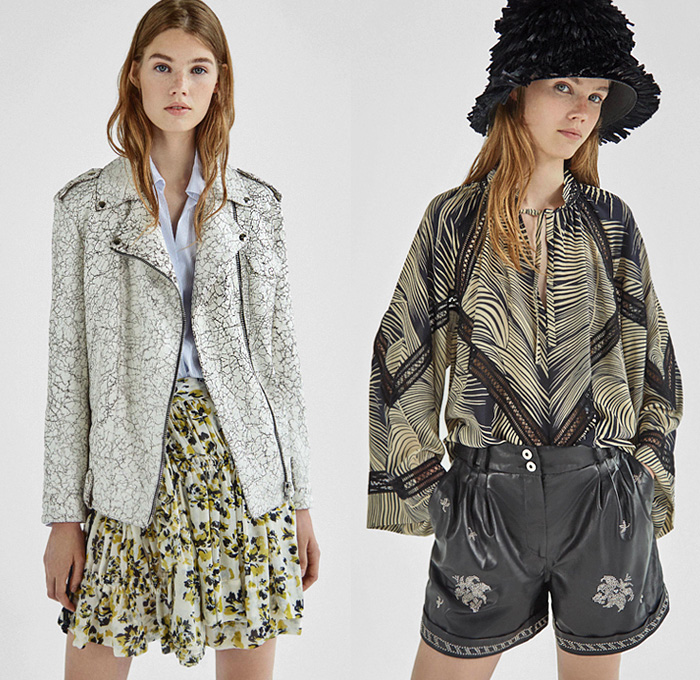 Dondup 2019 Resort Cruise Pre-Spring Womens Lookbook Presentation - Denim Jeans Gold Metallic Foil Paint Bootcut 1980s Acid Wash Colored Lace Cutwork Bedazzled Sequins Ruffles Zebra Knit Crochet Mesh Fern Leaves Marble Cracks Fringes Plaid Check Knot Cinch Pleats Paisley Parka Trench Coat Safari Biker Jacket Sweatshirt Sweater Tunic Shirt Vest Pantsuit Shirtdress Prairie Dress Skirt Leggings Jogger Sweatpants Athleisure Trackwear Swim Gown Mullet Trainers Desert Boots Studs Bucket Hat Scarf