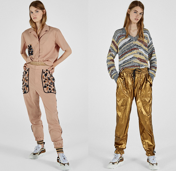 Dondup 2019 Resort Cruise Pre-Spring Womens Lookbook Presentation - Denim Jeans Gold Metallic Foil Paint Bootcut 1980s Acid Wash Colored Lace Cutwork Bedazzled Sequins Ruffles Zebra Knit Crochet Mesh Fern Leaves Marble Cracks Fringes Plaid Check Knot Cinch Pleats Paisley Parka Trench Coat Safari Biker Jacket Sweatshirt Sweater Tunic Shirt Vest Pantsuit Shirtdress Prairie Dress Skirt Leggings Jogger Sweatpants Athleisure Trackwear Swim Gown Mullet Trainers Desert Boots Studs Bucket Hat Scarf