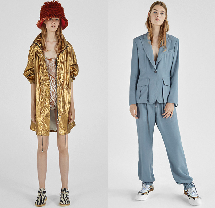 Dondup 2019 Resort Cruise Pre-Spring Womens Lookbook Presentation - Denim Jeans Gold Metallic Foil Paint Bootcut 1980s Acid Wash Colored Lace Cutwork Bedazzled Sequins Ruffles Zebra Knit Crochet Mesh Fern Leaves Marble Cracks Fringes Plaid Check Knot Cinch Pleats Paisley Parka Trench Coat Safari Biker Jacket Sweatshirt Sweater Tunic Shirt Vest Pantsuit Shirtdress Prairie Dress Skirt Leggings Jogger Sweatpants Athleisure Trackwear Swim Gown Mullet Trainers Desert Boots Studs Bucket Hat Scarf