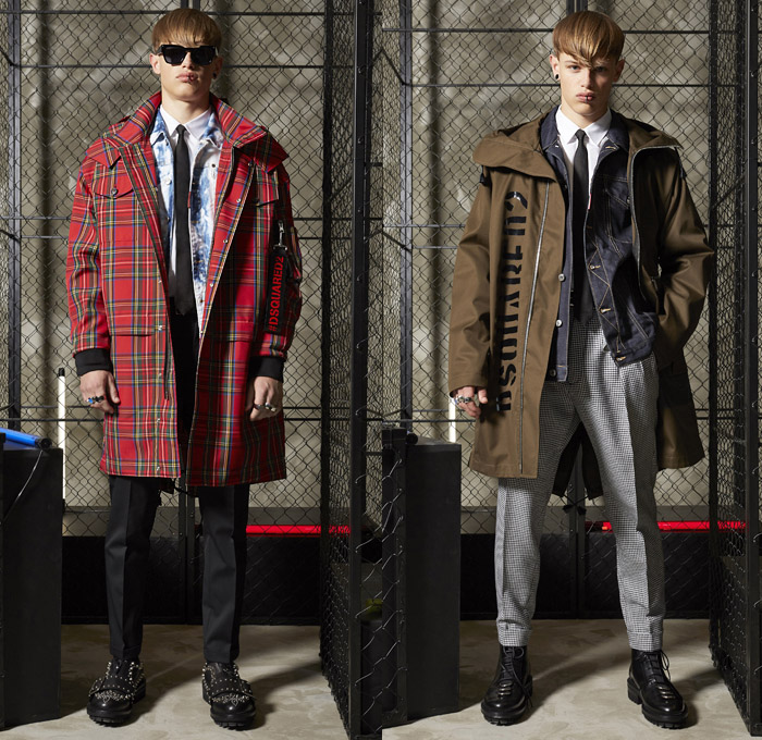 Dsquared2 2019 Resort Cruise Pre-Spring Mens Lookbook Presentation - Sophisticated Punk Rock Screen Print Graphic Zippers Straps Belts Cargo Pockets Plaid Tartan Check Camouflage Military Houndstooth Metallic Studs Outerwear Coat Parka Motorcycle Biker Bomber Jacket Metallic Silver Dark Wash Denim Jeans Paint Drippings Acid Wash Bleached Long Sleeve Shirt Tapered Pants Trousers Beanie Knit Cap Neck Tie Wingtip Brogues Boots Backpack Bag