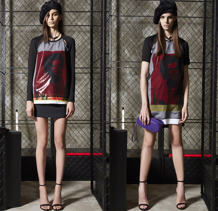 Dsquared2 2019 Resort Cruise Pre-Spring Womens Lookbook Presentation - Sophisticated Punk Rock Screen Print Graphic Newspaper Portrait Zippers Mesh Straps Belts Lace Knit Plaid Tartan Check Studs Coat Bomber Utility Jacket Fatigues Blazerdress Satin Sleepwear Lounge Shirtdress Pointed Shoulders Strapless Wide Leg Palazzo Pants Tights Fishnet Miniskirt Bodycon Dress Onesie Jumpsuit Cargo Pockets Shorts Denim Jeans Bleached Padlock Necklace Handbag Purse Clutch Stilettos Beret Canteen Bag